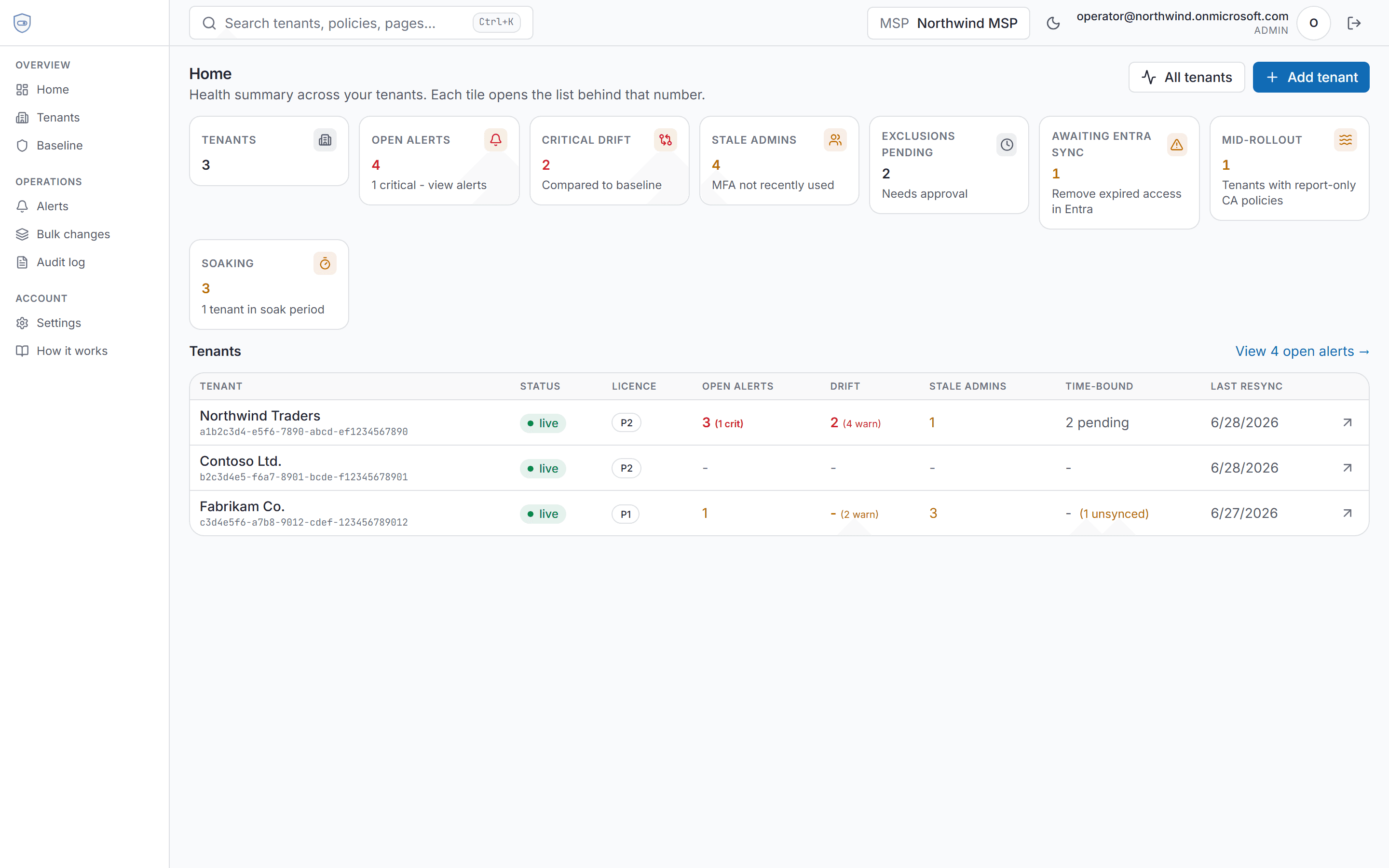 Policytab dashboard showing tenant overview, alerts, and policy drift status